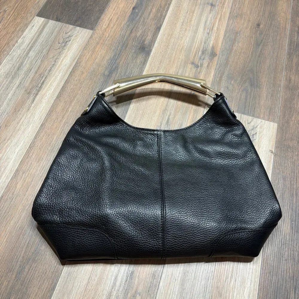 Vera Pelle Gold Top Handle Hobo Bag Black Genuine Leather Inner Zip Pocket Italy